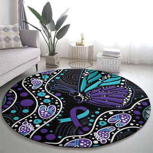 Australia Indigenous Round Carpet Teal & Purple Ribbon Butterfly Aboriginal Arts