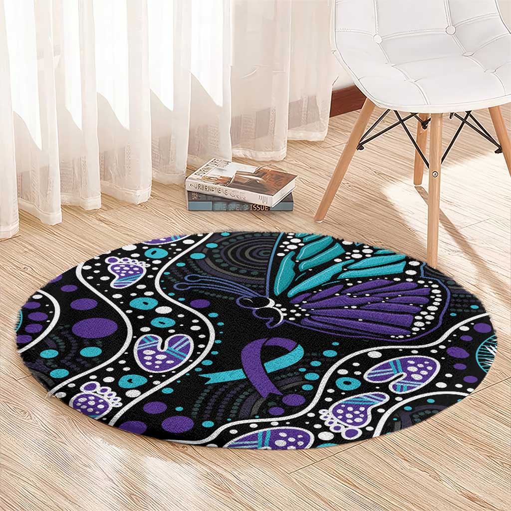 Australia Indigenous Round Carpet Teal & Purple Ribbon Butterfly Aboriginal Arts