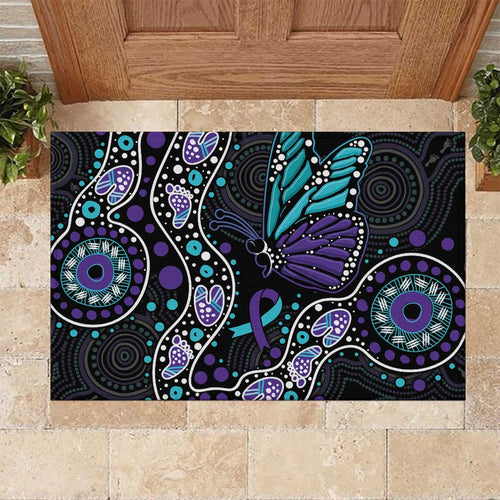 Australia Indigenous Rubber Doormat Teal & Purple Ribbon Butterfly Aboriginal Arts