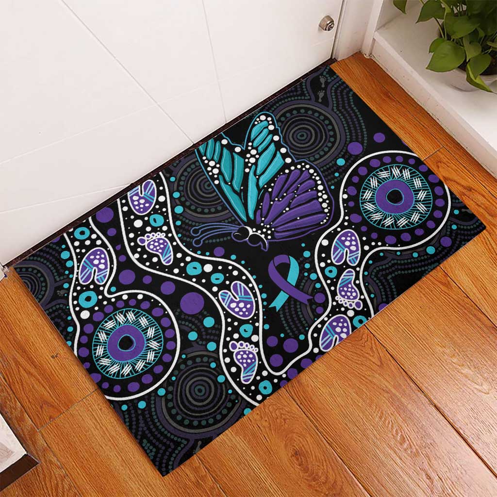 Australia Indigenous Rubber Doormat Teal & Purple Ribbon Butterfly Aboriginal Arts