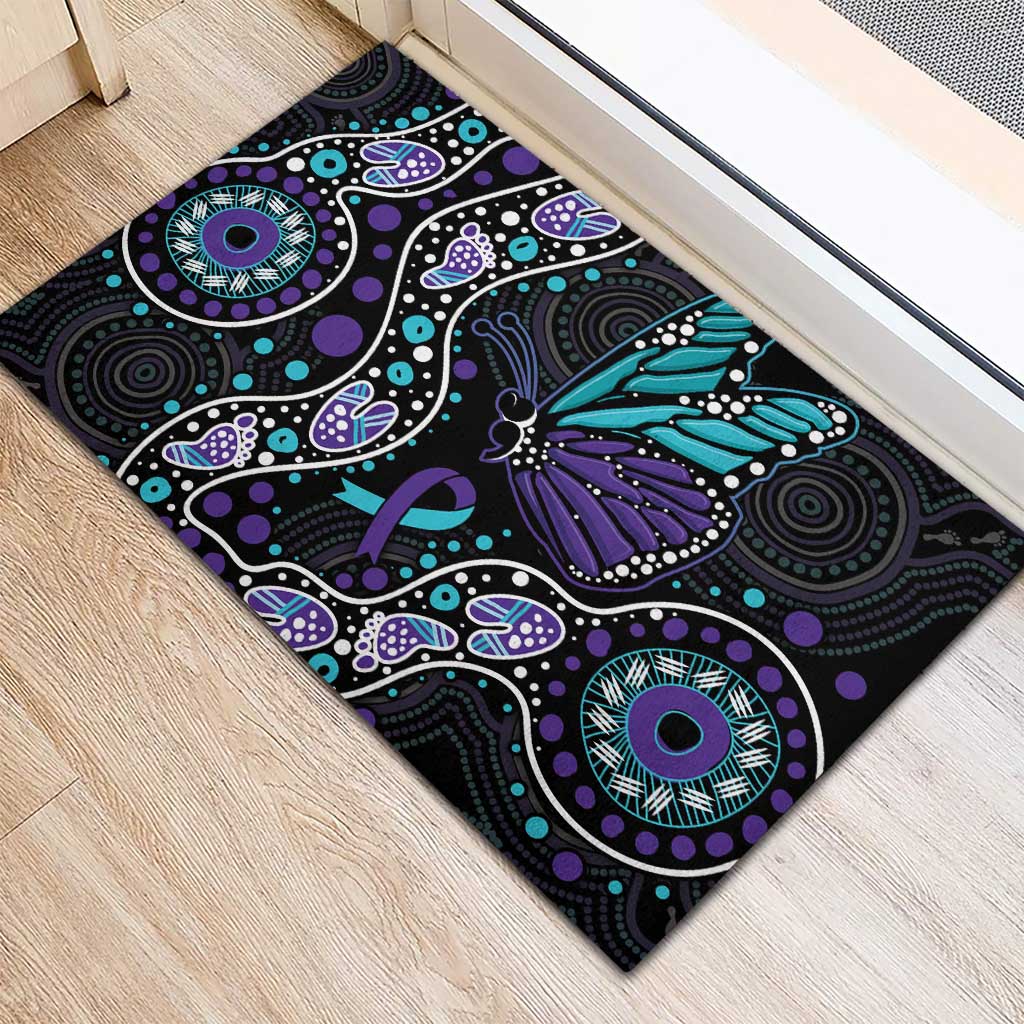 Australia Indigenous Rubber Doormat Teal & Purple Ribbon Butterfly Aboriginal Arts
