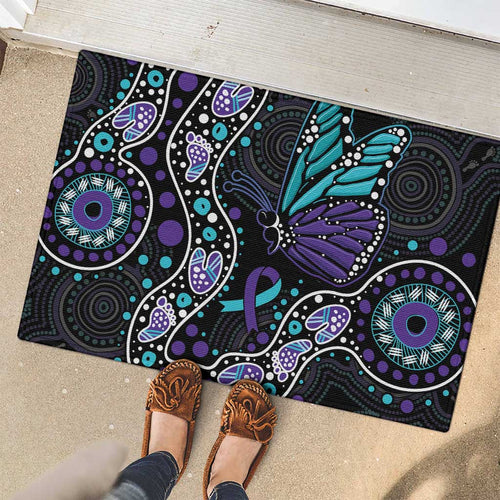 Australia Indigenous Rubber Doormat Teal & Purple Ribbon Butterfly Aboriginal Arts