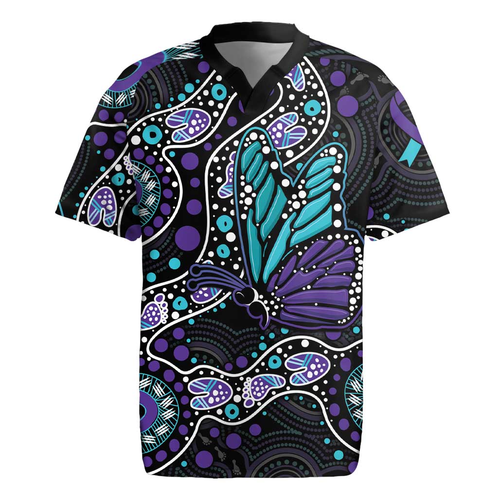 Australia Indigenous Rugby Jersey Teal & Purple Ribbon Butterfly Aboriginal Arts