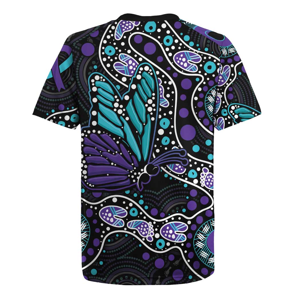 Australia Indigenous Rugby Jersey Teal & Purple Ribbon Butterfly Aboriginal Arts