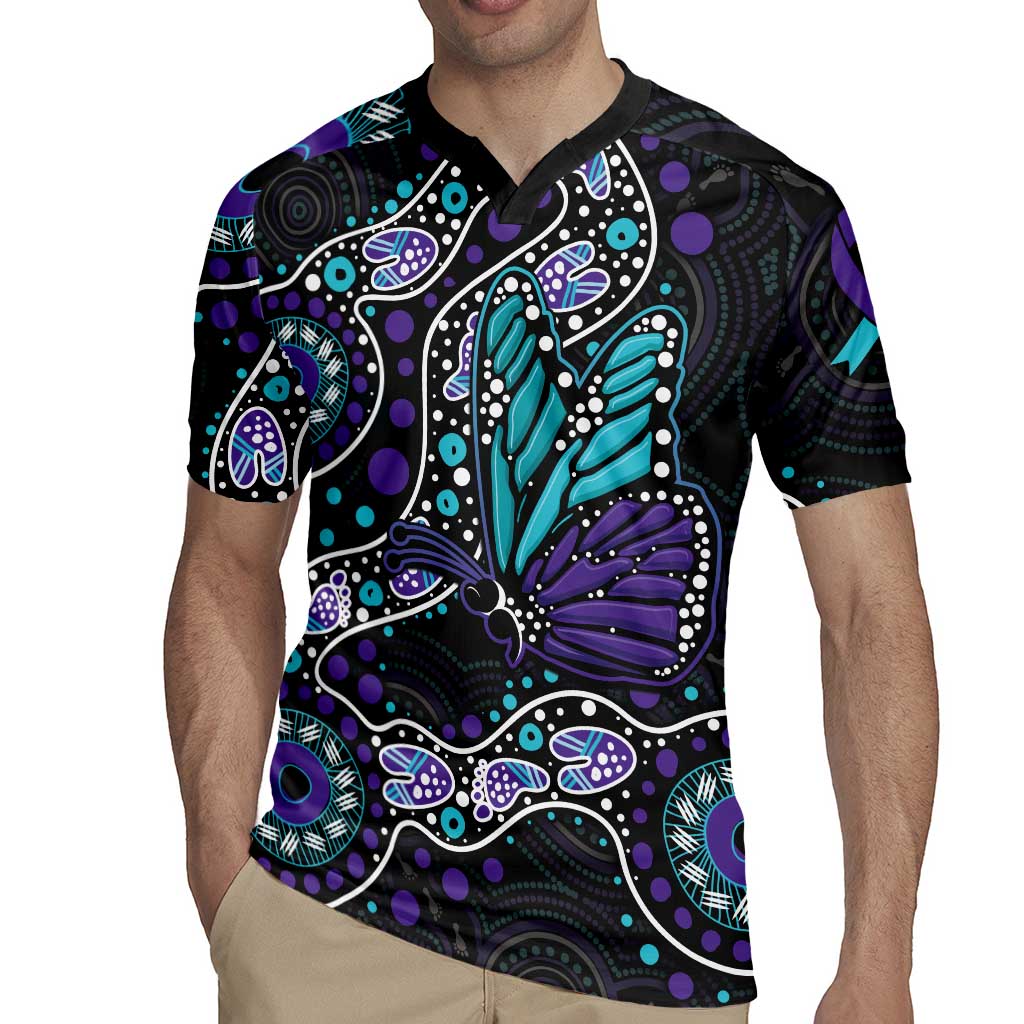 Australia Indigenous Rugby Jersey Teal & Purple Ribbon Butterfly Aboriginal Arts