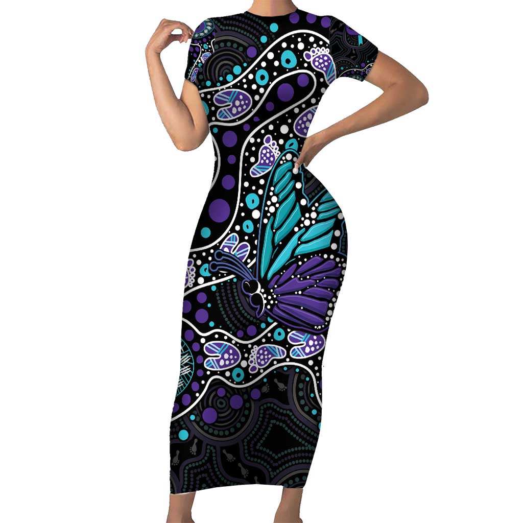 Australia Indigenous Short Sleeve Bodycon Dress Teal & Purple Ribbon Butterfly Aboriginal Arts