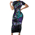 Australia Indigenous Short Sleeve Bodycon Dress Teal & Purple Ribbon Butterfly Aboriginal Arts