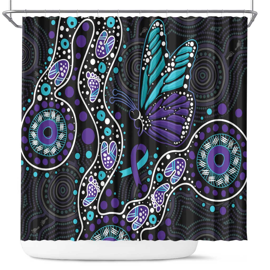 Australia Indigenous Shower Curtain Teal & Purple Ribbon Butterfly Aboriginal Arts