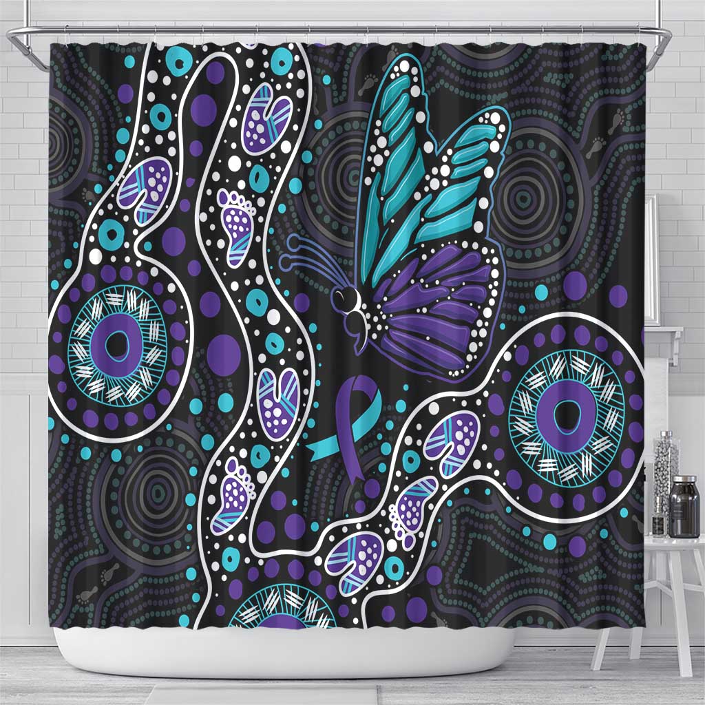 Australia Indigenous Shower Curtain Teal & Purple Ribbon Butterfly Aboriginal Arts