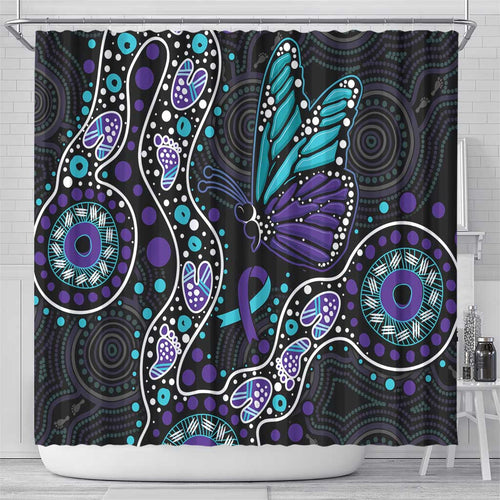 Australia Indigenous Shower Curtain Teal & Purple Ribbon Butterfly Aboriginal Arts