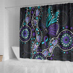 Australia Indigenous Shower Curtain Teal & Purple Ribbon Butterfly Aboriginal Arts