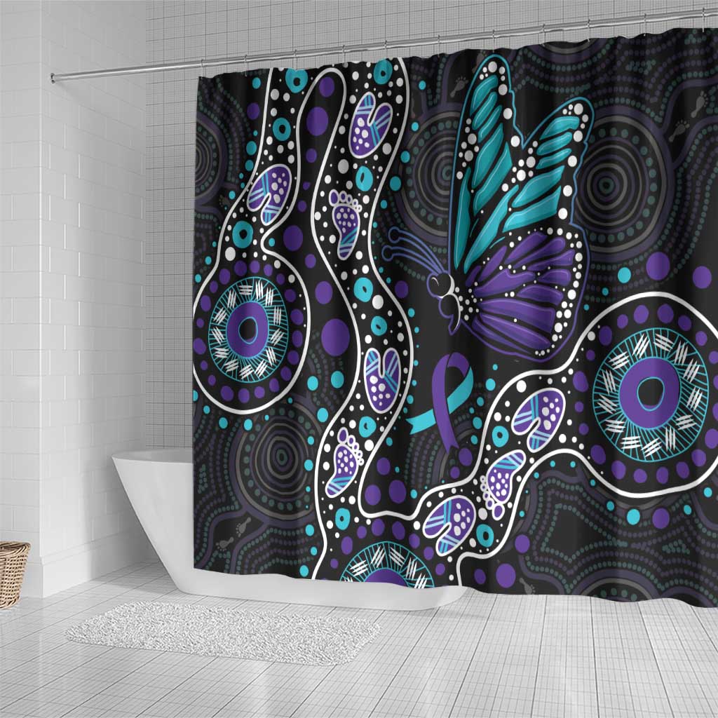 Australia Indigenous Shower Curtain Teal & Purple Ribbon Butterfly Aboriginal Arts