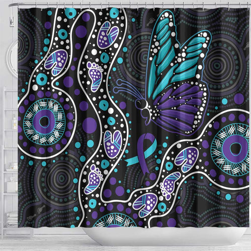 Australia Indigenous Shower Curtain Teal & Purple Ribbon Butterfly Aboriginal Arts