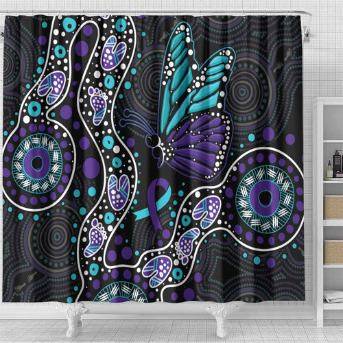 Australia Indigenous Shower Curtain Teal & Purple Ribbon Butterfly Aboriginal Arts