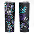 Australia Indigenous Skinny Tumbler Teal & Purple Ribbon Butterfly Aboriginal Arts