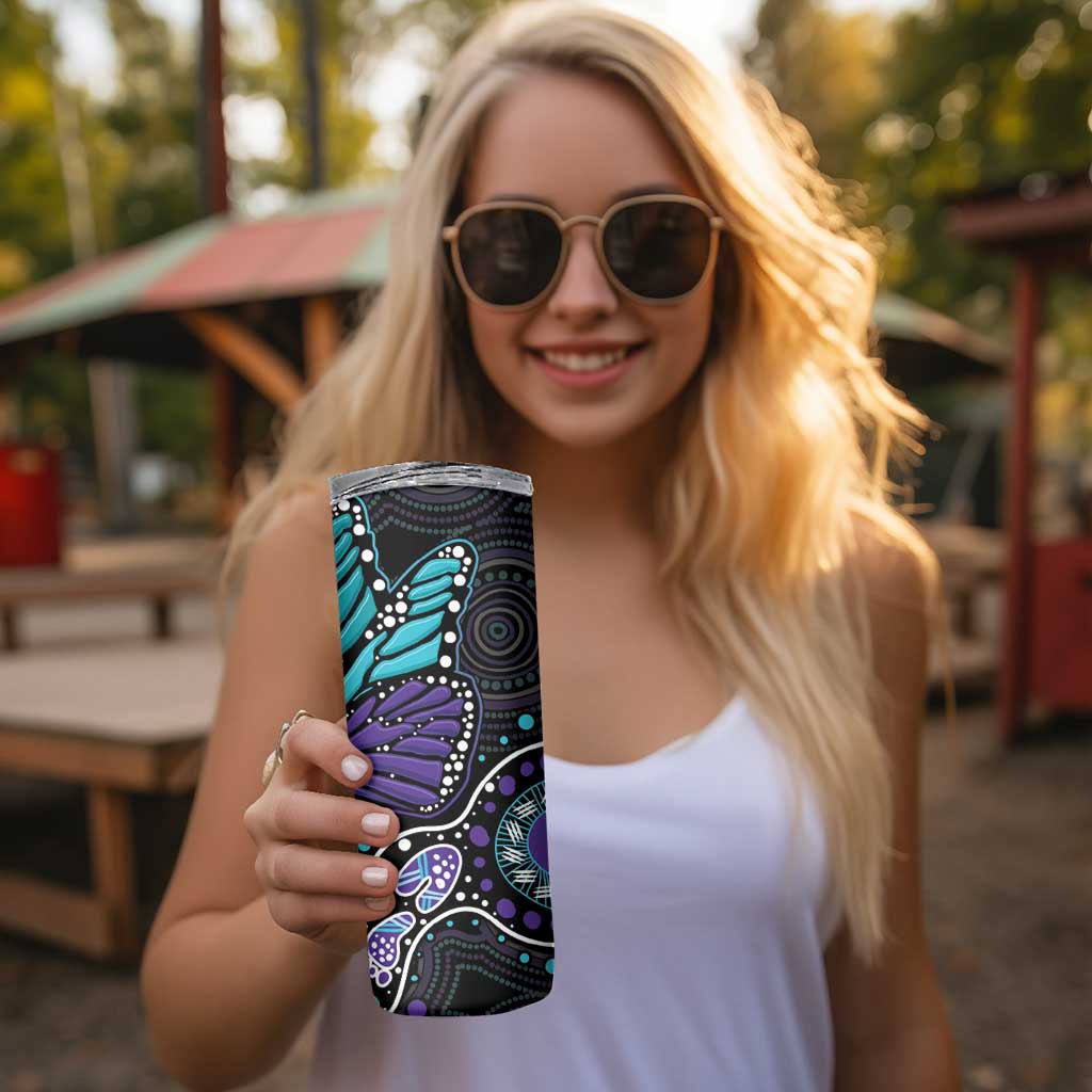 Australia Indigenous Skinny Tumbler Teal & Purple Ribbon Butterfly Aboriginal Arts