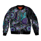 Australia Indigenous Sleeve Zip Bomber Jacket Teal & Purple Ribbon Butterfly Aboriginal Arts