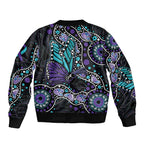 Australia Indigenous Sleeve Zip Bomber Jacket Teal & Purple Ribbon Butterfly Aboriginal Arts