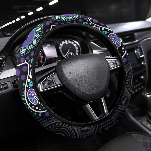 Australia Indigenous Steering Wheel Cover Teal & Purple Ribbon Butterfly Aboriginal Arts