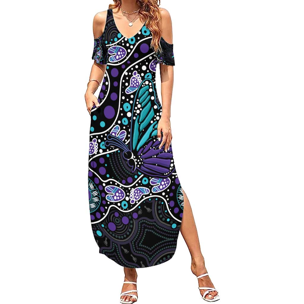 Australia Indigenous Summer Maxi Dress Teal & Purple Ribbon Butterfly Aboriginal Arts