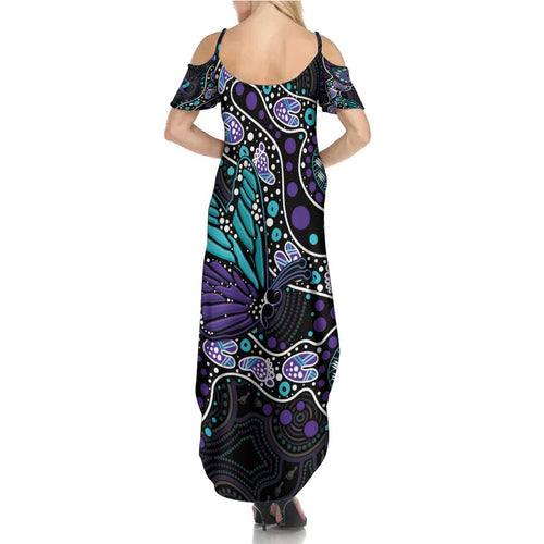 Australia Indigenous Summer Maxi Dress Teal & Purple Ribbon Butterfly Aboriginal Arts