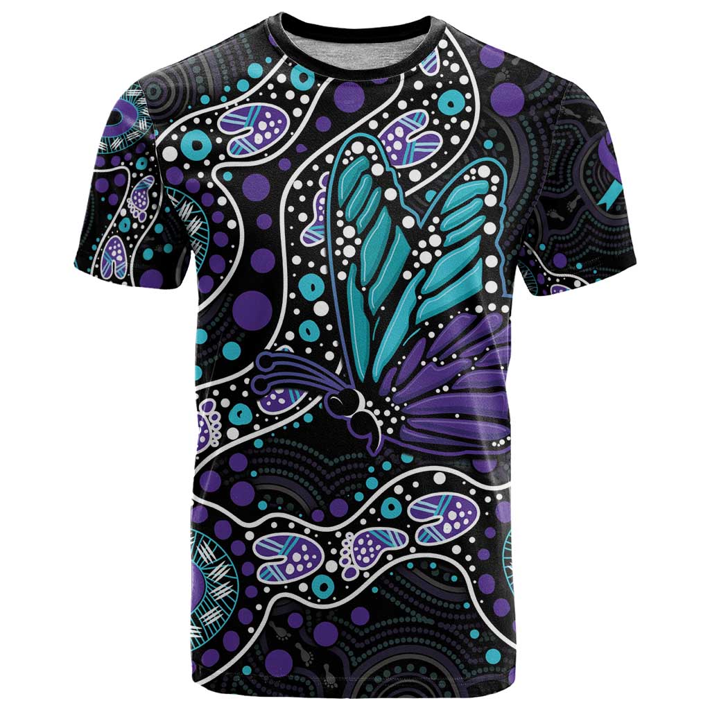 Australia Indigenous T Shirt Teal & Purple Ribbon Butterfly Aboriginal Arts