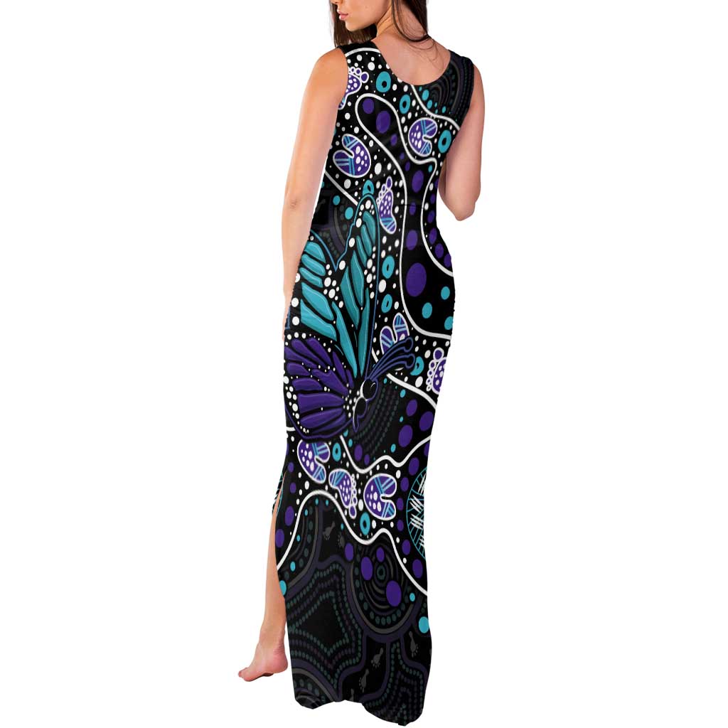 Australia Indigenous Tank Maxi Dress Teal & Purple Ribbon Butterfly Aboriginal Arts