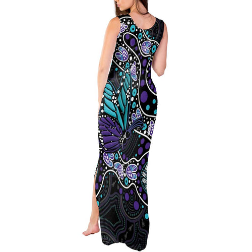 Australia Indigenous Tank Maxi Dress Teal & Purple Ribbon Butterfly Aboriginal Arts
