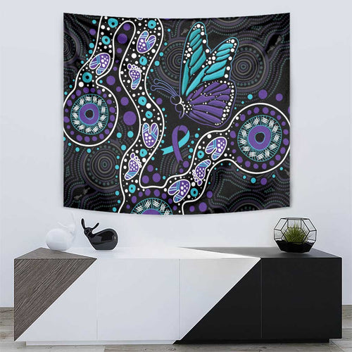 Australia Indigenous Tapestry Teal & Purple Ribbon Butterfly Aboriginal Arts