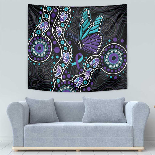 Australia Indigenous Tapestry Teal & Purple Ribbon Butterfly Aboriginal Arts