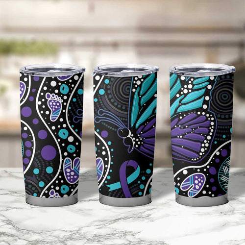 Australia Indigenous Tumbler Cup Teal & Purple Ribbon Butterfly Aboriginal Arts
