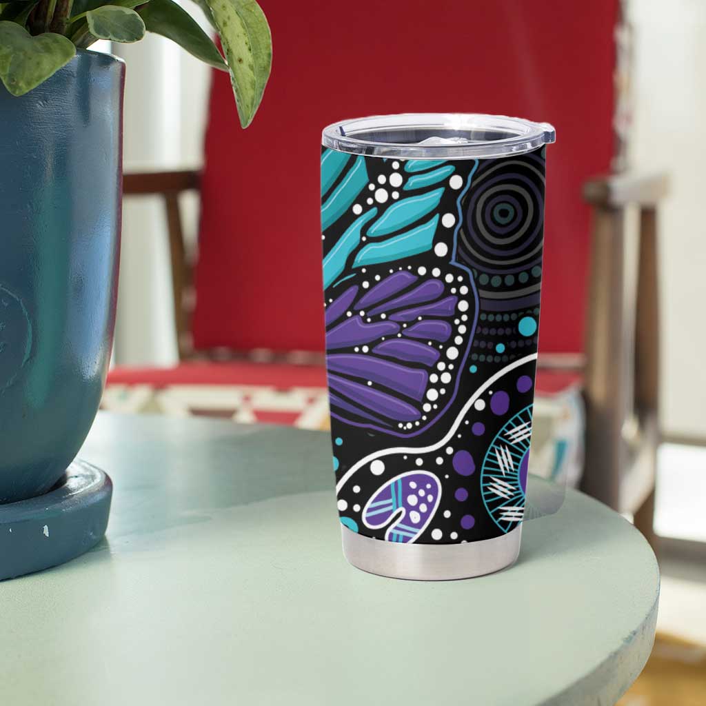 Australia Indigenous Tumbler Cup Teal & Purple Ribbon Butterfly Aboriginal Arts