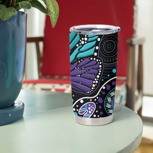 Australia Indigenous Tumbler Cup Teal & Purple Ribbon Butterfly Aboriginal Arts