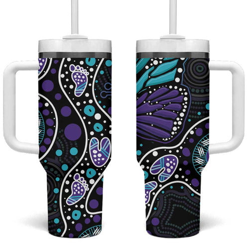 Australia Indigenous Tumbler With Handle Teal & Purple Ribbon Butterfly Aboriginal Arts