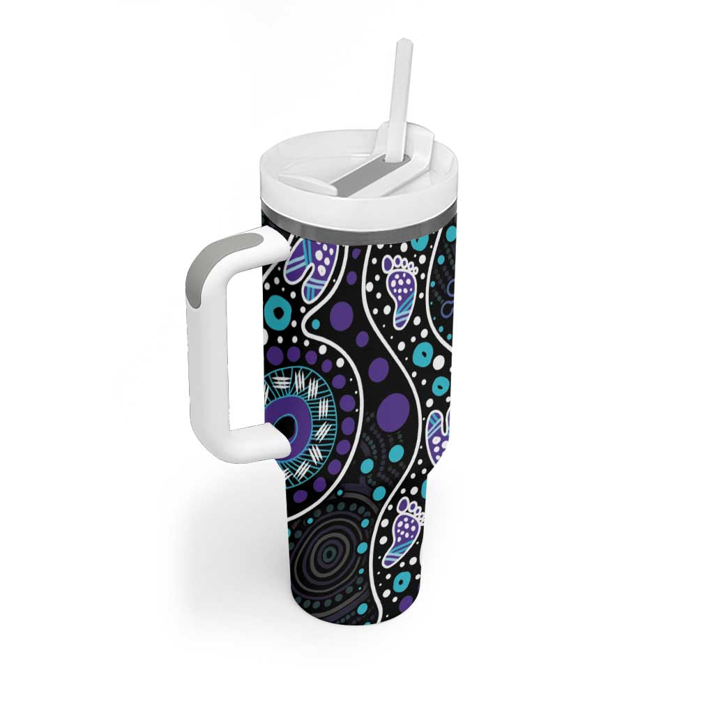 Australia Indigenous Tumbler With Handle Teal & Purple Ribbon Butterfly Aboriginal Arts