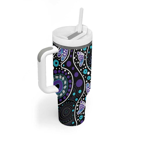 Australia Indigenous Tumbler With Handle Teal & Purple Ribbon Butterfly Aboriginal Arts
