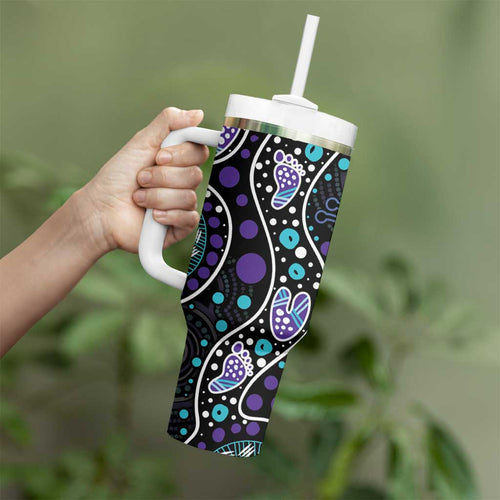 Australia Indigenous Tumbler With Handle Teal & Purple Ribbon Butterfly Aboriginal Arts