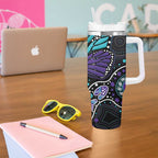 Australia Indigenous Tumbler With Handle Teal & Purple Ribbon Butterfly Aboriginal Arts