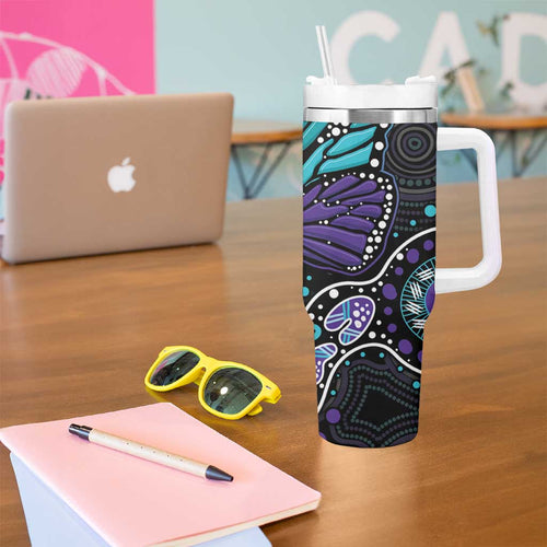 Australia Indigenous Tumbler With Handle Teal & Purple Ribbon Butterfly Aboriginal Arts
