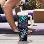 Australia Indigenous Tumbler With Handle Teal & Purple Ribbon Butterfly Aboriginal Arts