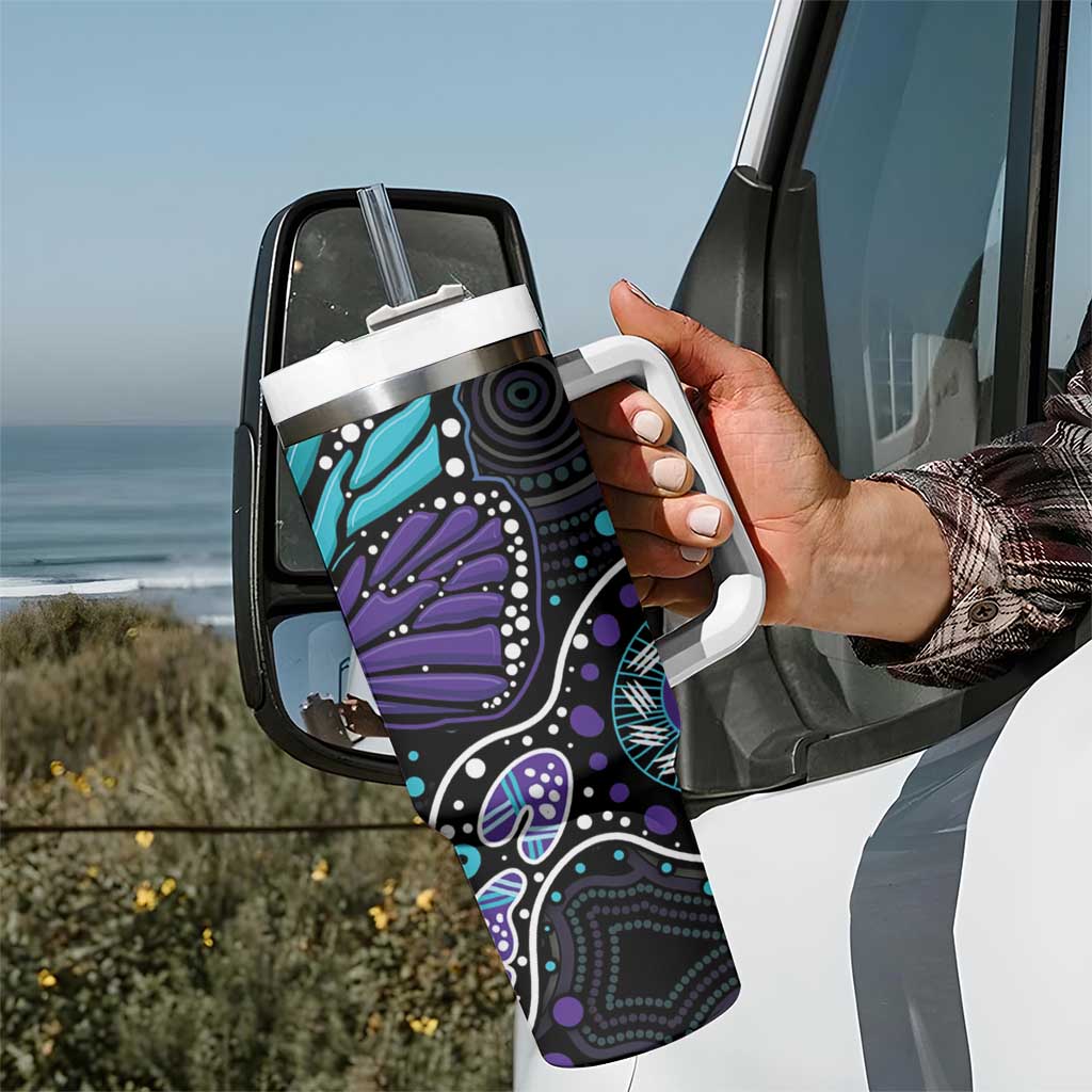Australia Indigenous Tumbler With Handle Teal & Purple Ribbon Butterfly Aboriginal Arts