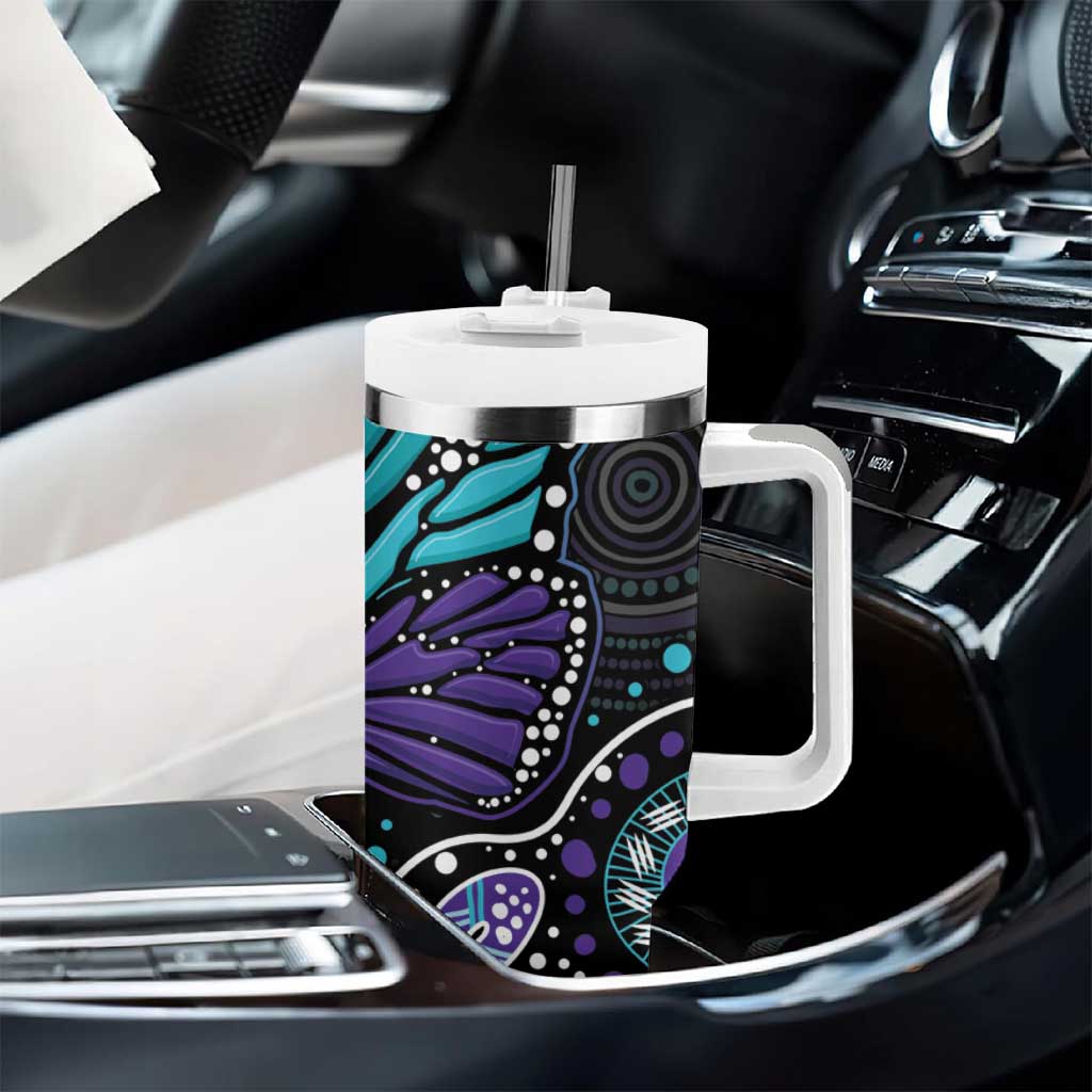 Australia Indigenous Tumbler With Handle Teal & Purple Ribbon Butterfly Aboriginal Arts
