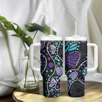 Australia Indigenous Tumbler With Handle Teal & Purple Ribbon Butterfly Aboriginal Arts