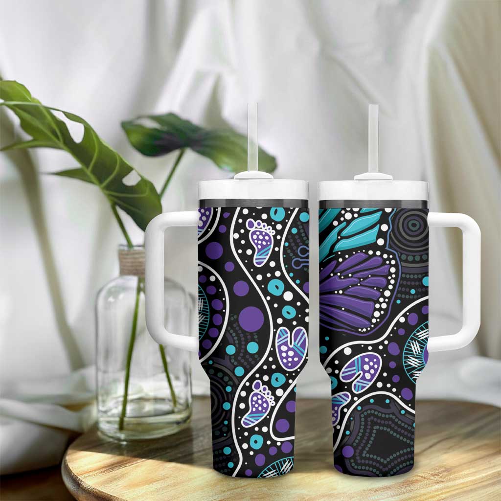 Australia Indigenous Tumbler With Handle Teal & Purple Ribbon Butterfly Aboriginal Arts