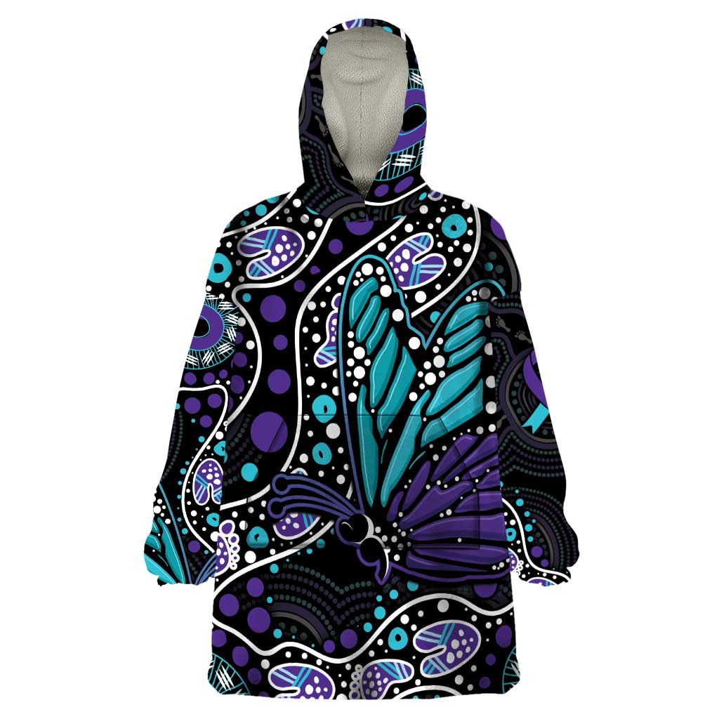 Australia Indigenous Wearable Blanket Hoodie Teal & Purple Ribbon Butterfly Aboriginal Arts