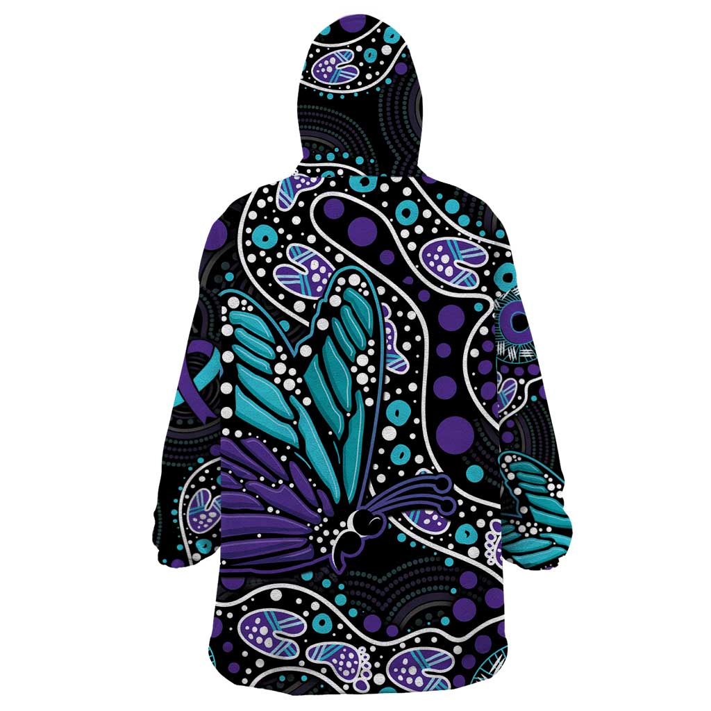 Australia Indigenous Wearable Blanket Hoodie Teal & Purple Ribbon Butterfly Aboriginal Arts