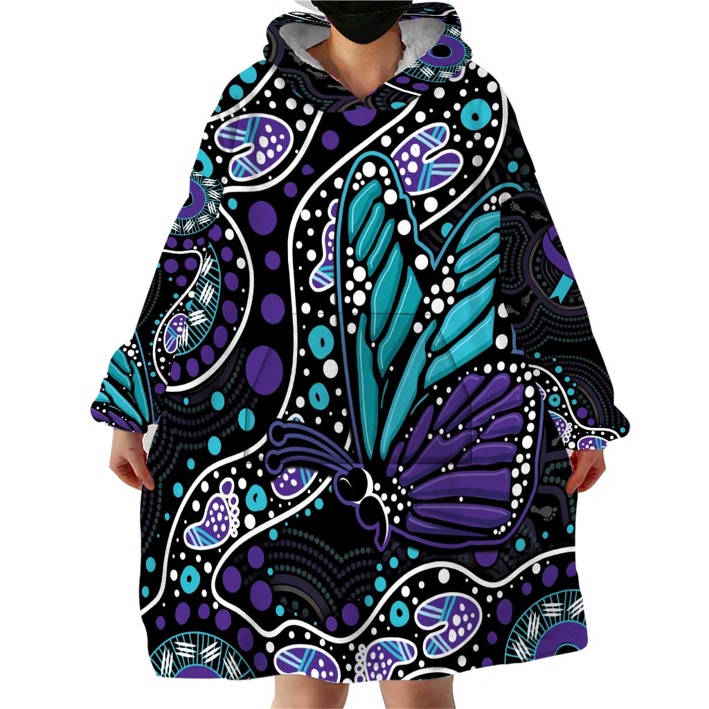 Australia Indigenous Wearable Blanket Hoodie Teal & Purple Ribbon Butterfly Aboriginal Arts