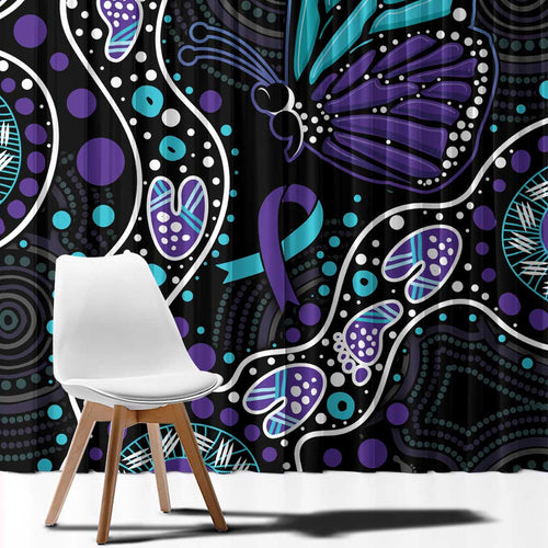Australia Indigenous Window Curtain Teal & Purple Ribbon Butterfly Aboriginal Arts