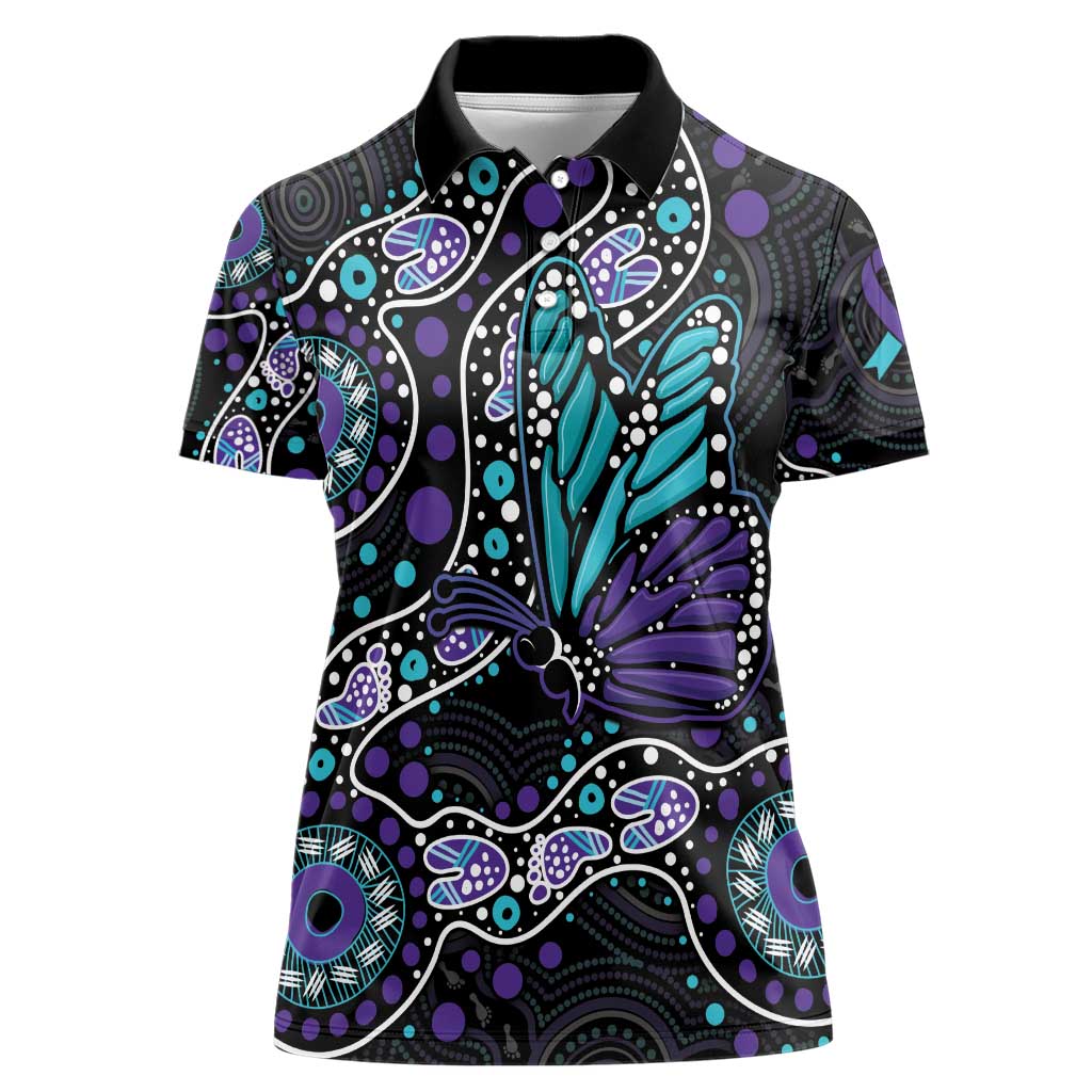 Australia Indigenous Women Polo Shirt Teal & Purple Ribbon Butterfly Aboriginal Arts