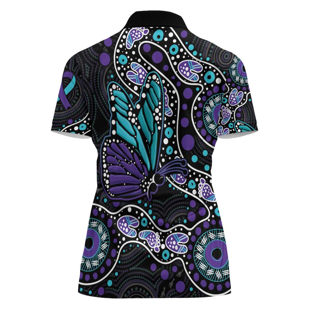 Australia Indigenous Women Polo Shirt Teal & Purple Ribbon Butterfly Aboriginal Arts